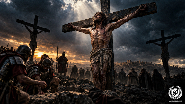 Cinematic illustration of Jesus on the central cross at Golgotha under a dark storm sky, face lifted toward a shaft of light, with two other crosses on either side, Roman soldiers casting dice in the foreground and onlookers and a walled city in the distance