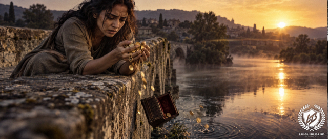 Cinematic illustration of a woman leaning over the parapet of an old stone bridge at sunset, clutching a handful of gold coins and jewellery while a small wooden chest tumbles into the river below, spilling coins into the water