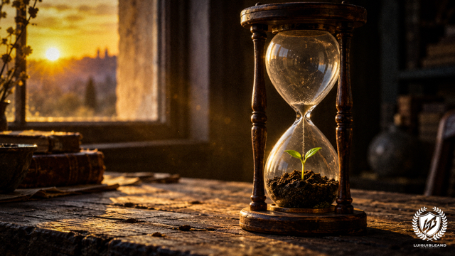 Cinematic illustration of an antique wooden hourglass on a weathered table beside a window at sunset: the sand in the lower bulb has turned into dark soil from which a small green sprout grows, with old books on the left and a distant skyline in the warm light