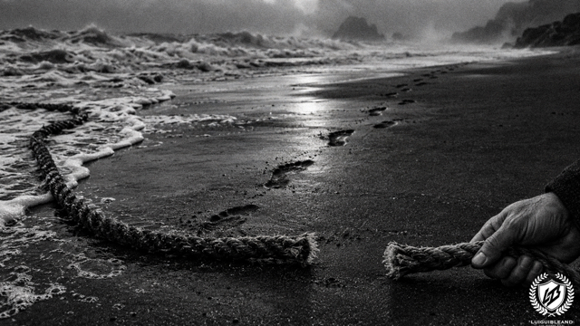 Black-and-white photograph-style illustration of a thick, frayed rope cut in two on wet sand beside a stormy sea: one end lies at the water's edge, the other is held by a weathered hand on the right, and a line of footprints continues along the shore into the mist