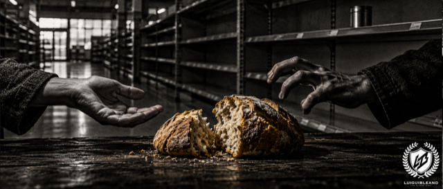 Black-and-white illustration of a rustic loaf of bread broken into two unequal halves on a dark wooden table, with one open, upturned hand reaching in from the left and a tense, clawed hand reaching from the right, in front of the empty shelves of a deserted supermarket with a single can left on the top shelf