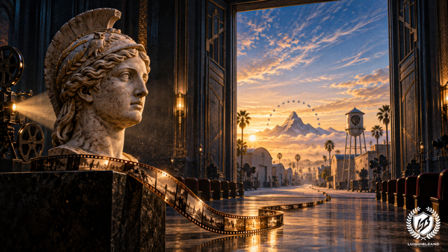 Illustration of a marble bust of Athena with an owl on her helmet beside a film projector and a strip of film, in front of open gates onto a film studio lot at sunset, with a mountain under an arc of stars and a water tower bearing a WB shield