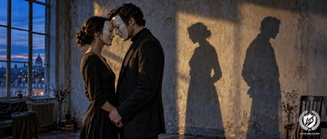 Illustration of a man and a woman wearing white masks, standing forehead to forehead and holding hands in a dim room by a window at dusk, while their shadows on the wall stand apart, turned away from each other